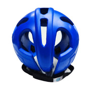 Blue helmet rear view with ventilation holes and chin strap