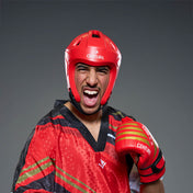 Red C-Gear Evolution headgear helmet with face padding and black chin strap