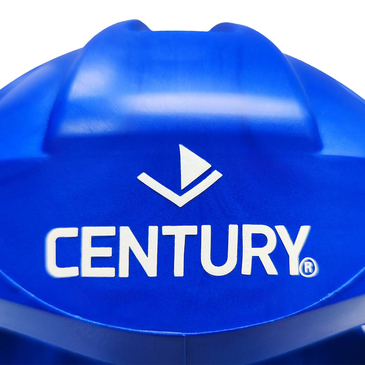 Blue Century helmet top with white logo emblem and molded ventilation ridges