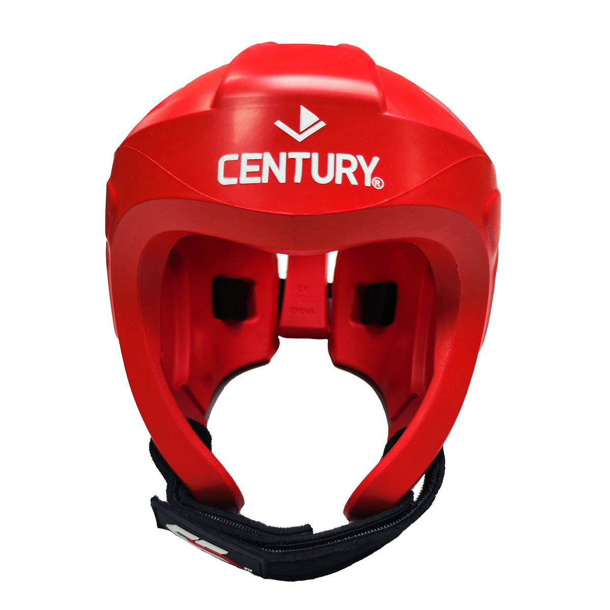Red C-Gear Evolution headgear helmet front with CENTURY logo and black chin strap