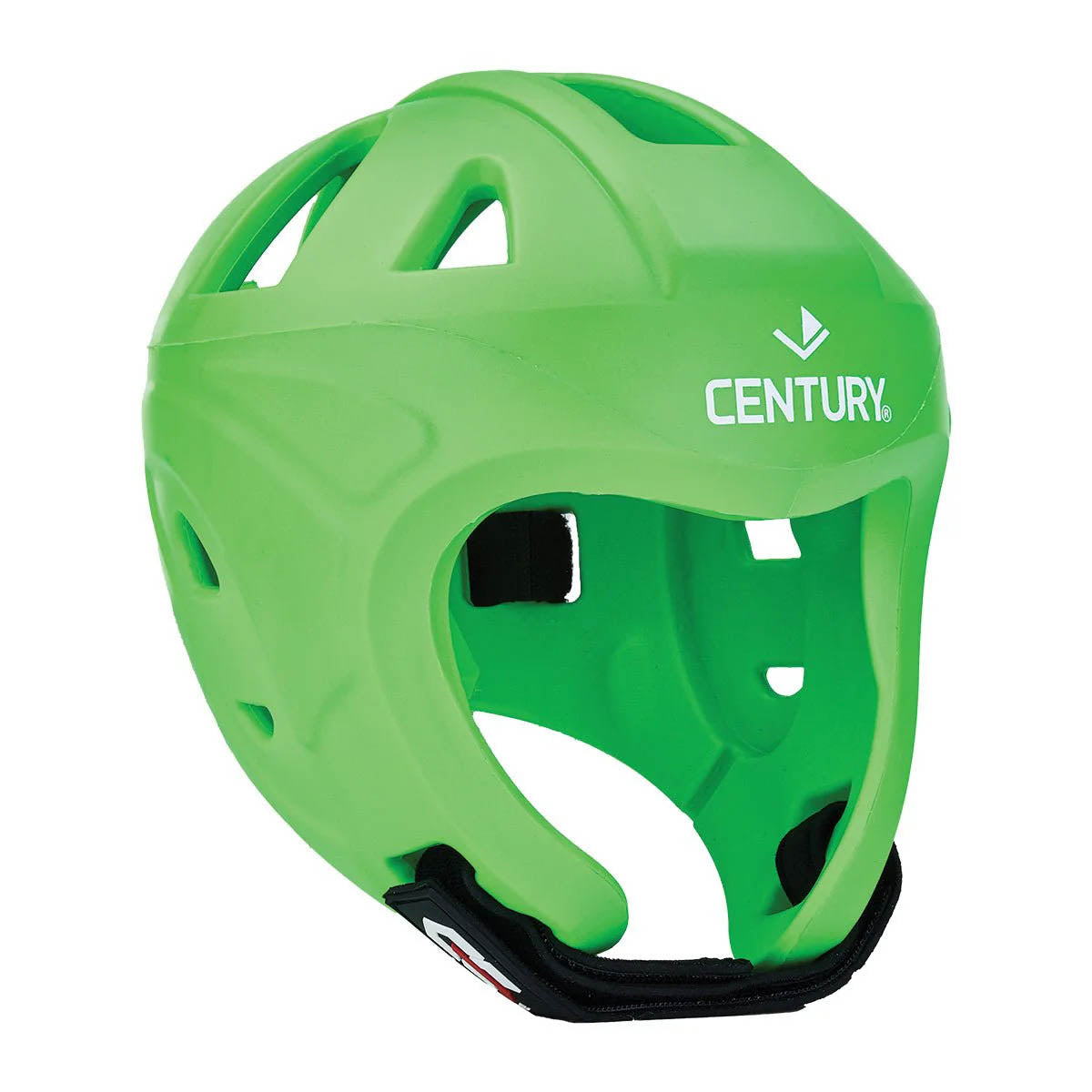 Green vented sports headgear helmet with black chin strap and CENTURY branding