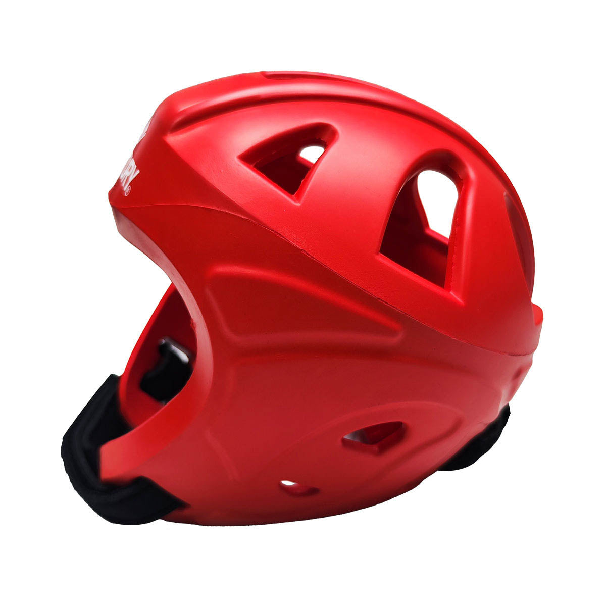 Red C-Gear Evolution headgear helmet side view with vented shell and black chin strap