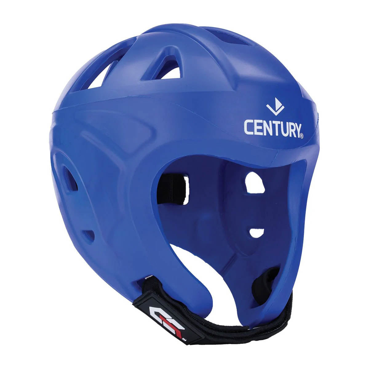 Blue protective headgear helmet with face guard, white swoosh and Century logo