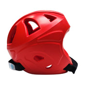 Red C-Gear Evolution headgear helmet angled rear view with vent openings and chin strap