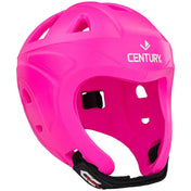 Neon pink protective sports helmet with vent openings, black chin strap, and CENTURY logo
