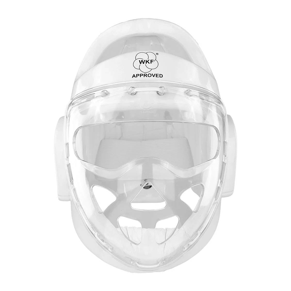Youth headgear with clear face shield and WKF approved marking, white shell
