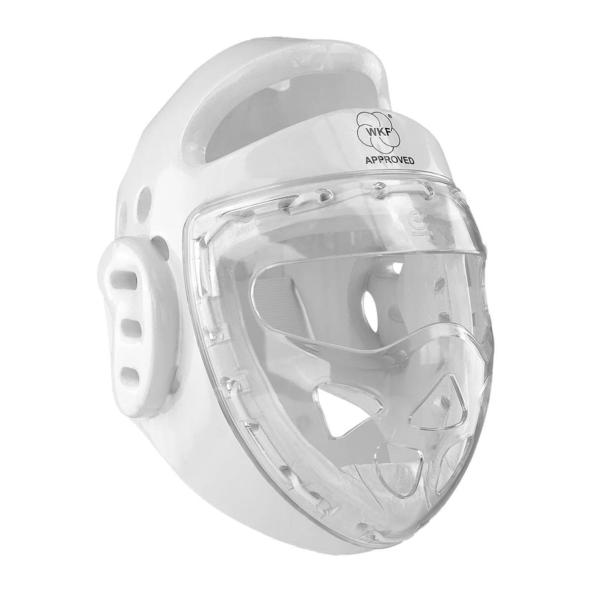 Youth headgear side view with clear visor and white shell, WKF approved