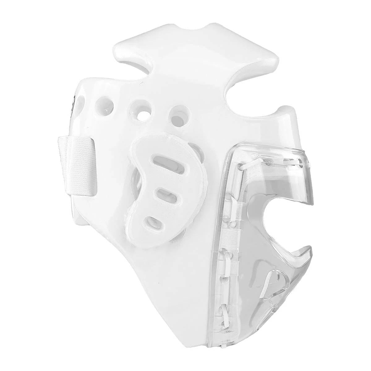 Youth headgear rear view with white shell, face mask insert, clear side guard