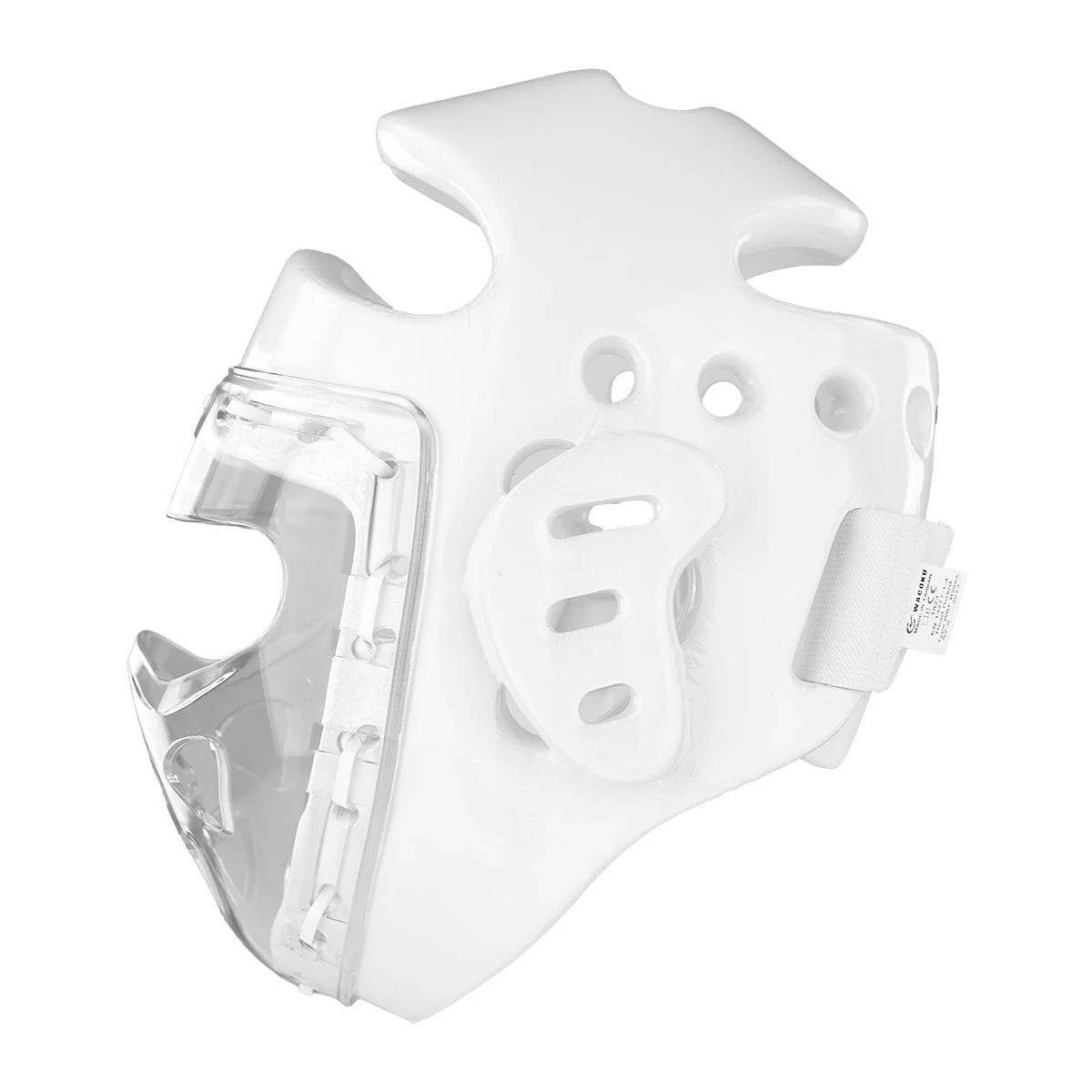 Youth headgear angled rear view with white shell, clear side guard and straps