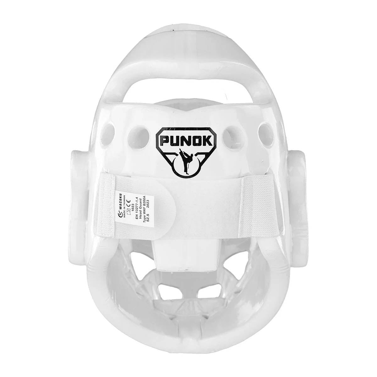Youth headgear with Punok logo on white shell and clear protective visor