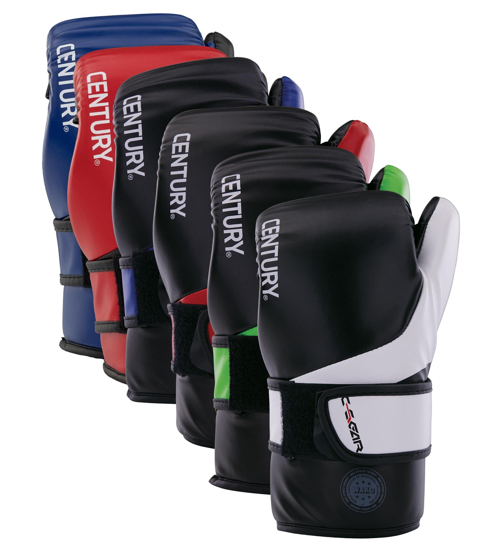 Mixed-color boxing gloves set in blue, red, black, white, and green with wrist straps