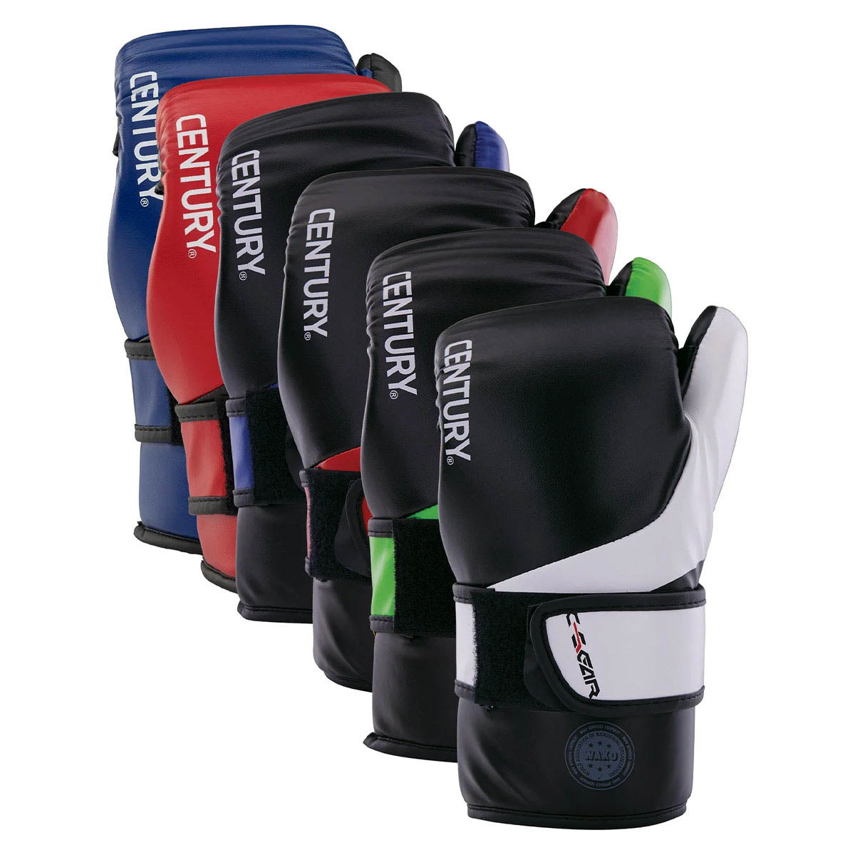 Boxing gloves assortment in black with blue, red, and green accents, Century branding