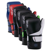 Boxing gloves assortment in black with blue, red, and green accents, Century branding