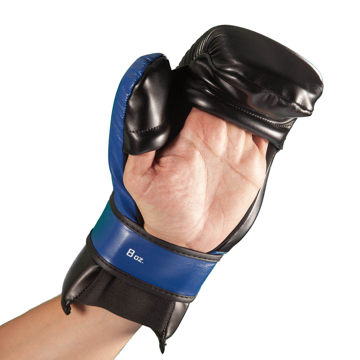 Boxing punch glove, black with blue trim and open palm view
