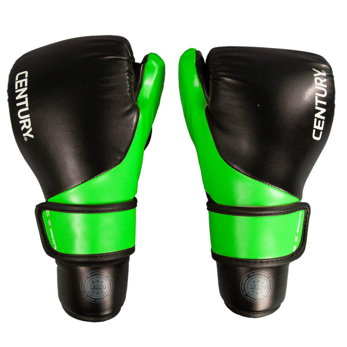 Pair boxing punch gloves, black with bright green wrist straps and CENTURY branding