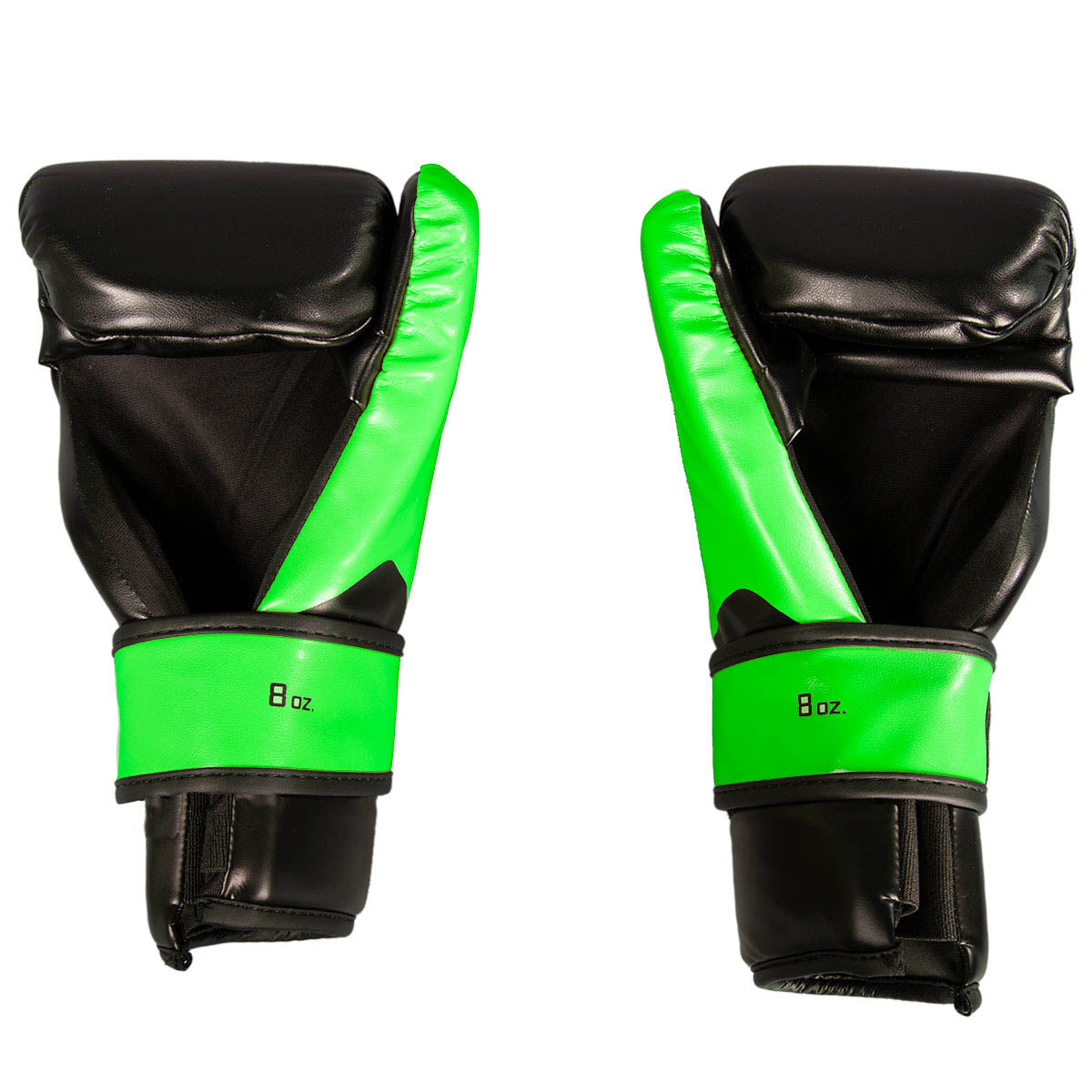 Pair boxing punch gloves, black with bright green cuffs and 8 oz weight marking