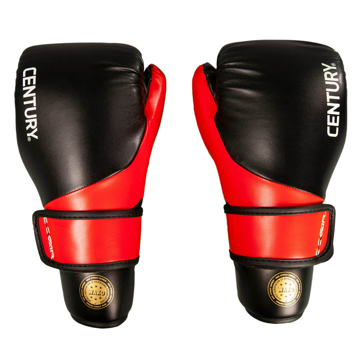 Black boxing gloves with red panels and Century text on the back of each glove