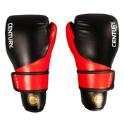 Black boxing gloves with red panels and Century text on the back of each glove