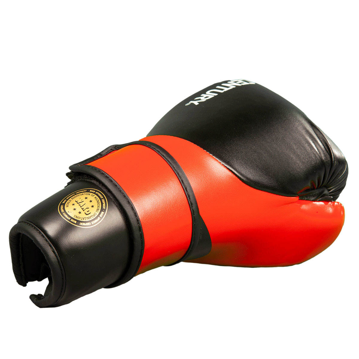 Black and red boxing glove with gold patch and Century logo on the wrist area