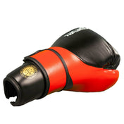 Black and red boxing glove with gold patch and Century logo on the wrist area