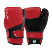 Red and black boxing gloves with thick wrist padding and secure strap