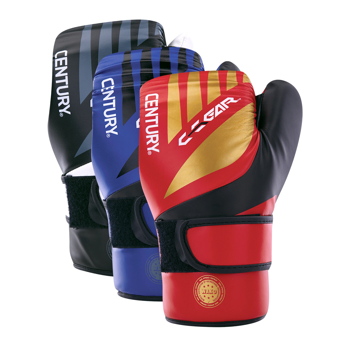 Boxing glove set showing red, blue, and black pairs with C-Gear branding