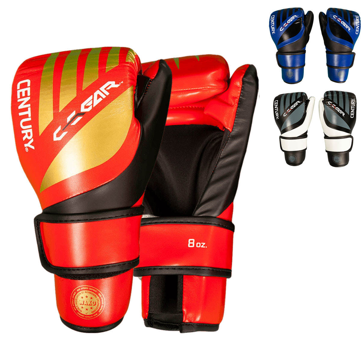 C-Gear boxing gloves, red with black straps and 8 oz label on the wrist