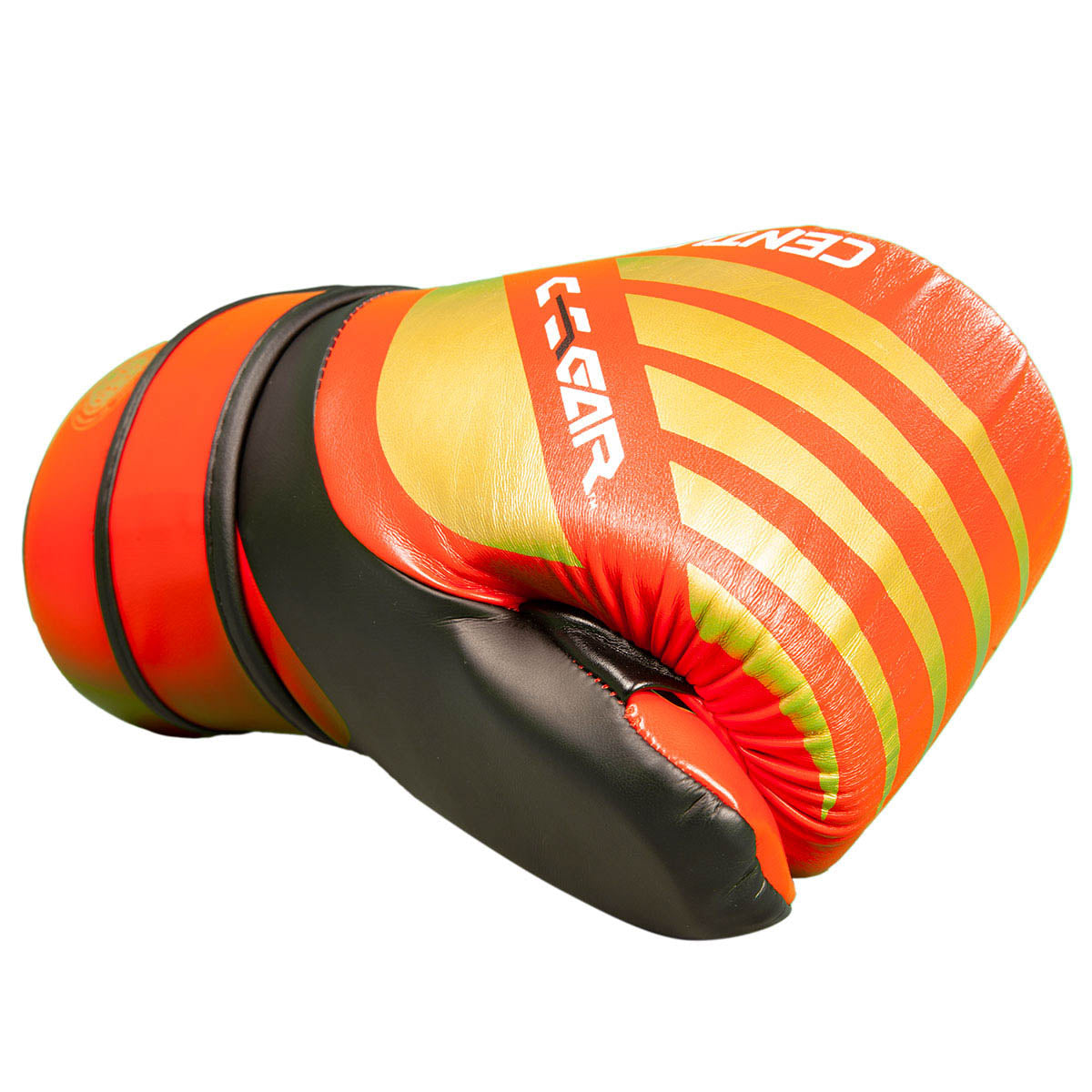 C-Gear boxing glove with red, orange, and yellow striped padding and black trim