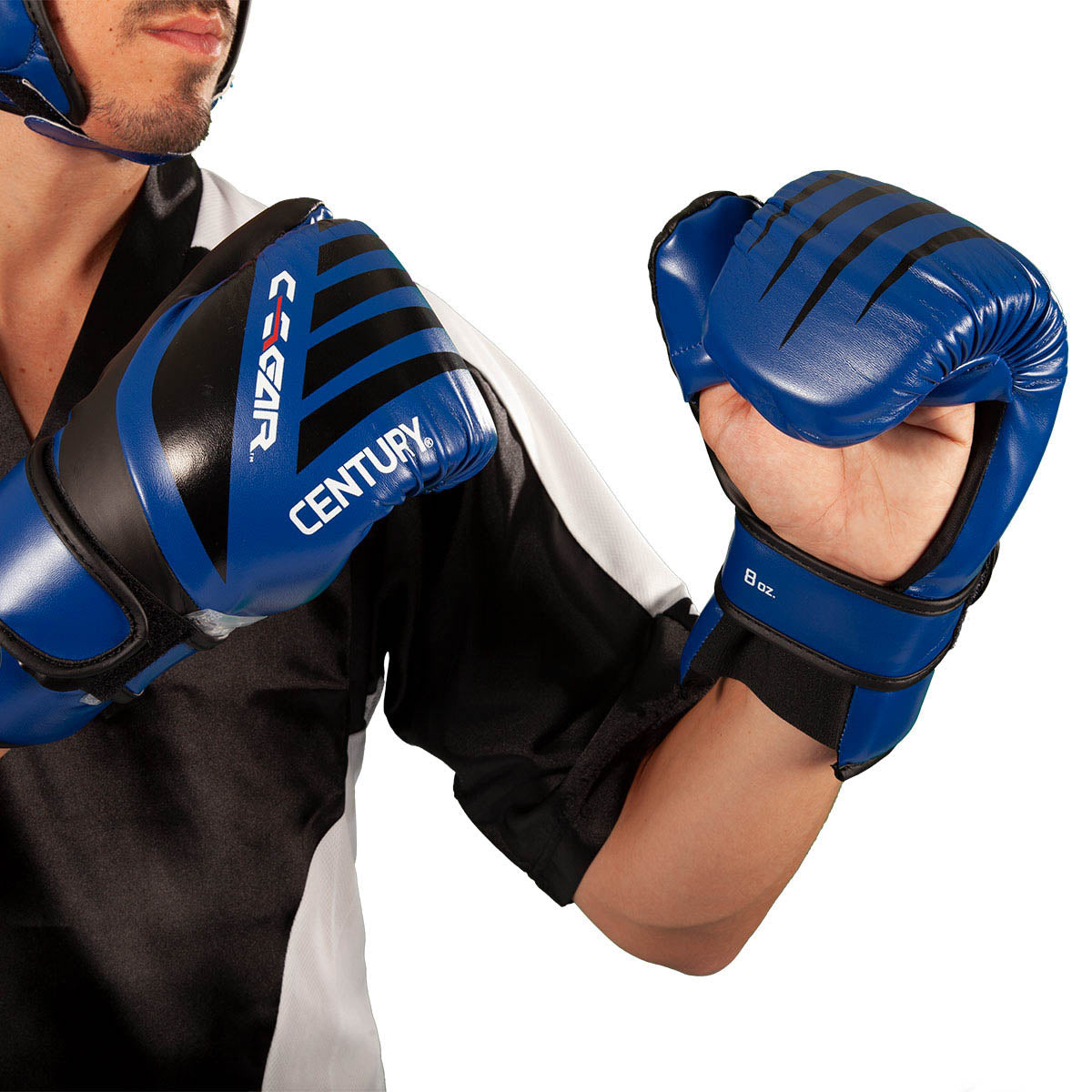 Blue-and-black boxing gloves shown in a raised guard with curved knuckle padding.