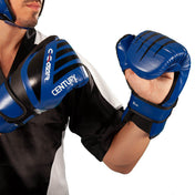 Blue-and-black boxing gloves shown in a raised guard with curved knuckle padding.