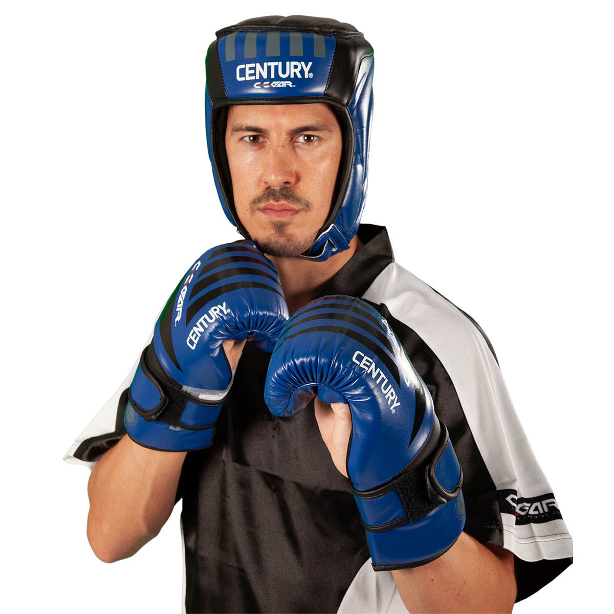 Blue boxing gloves with “CENTURY” branding and a black-and-blue padded face guard.