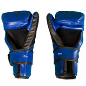 Back view of blue and black boxing gloves with “8 oz” label on wrist.