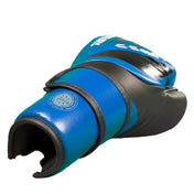 Side view of blue boxing glove with open thumb and circular wrist stamp.