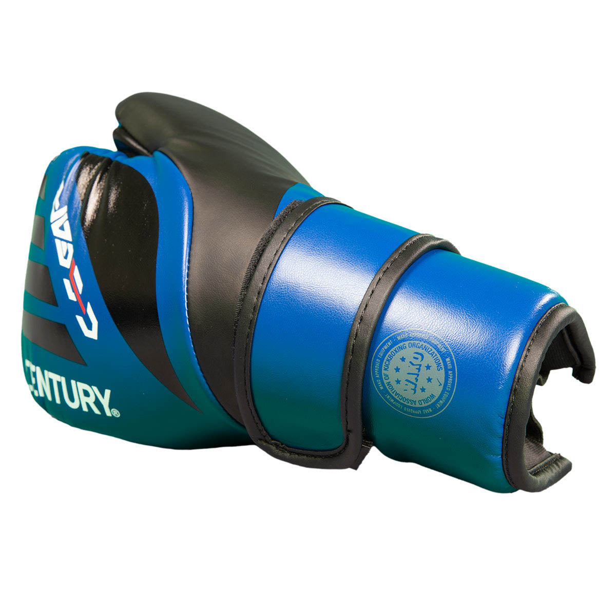 Close-up of blue and black boxing glove with “CENTURY” text and grippy padding.