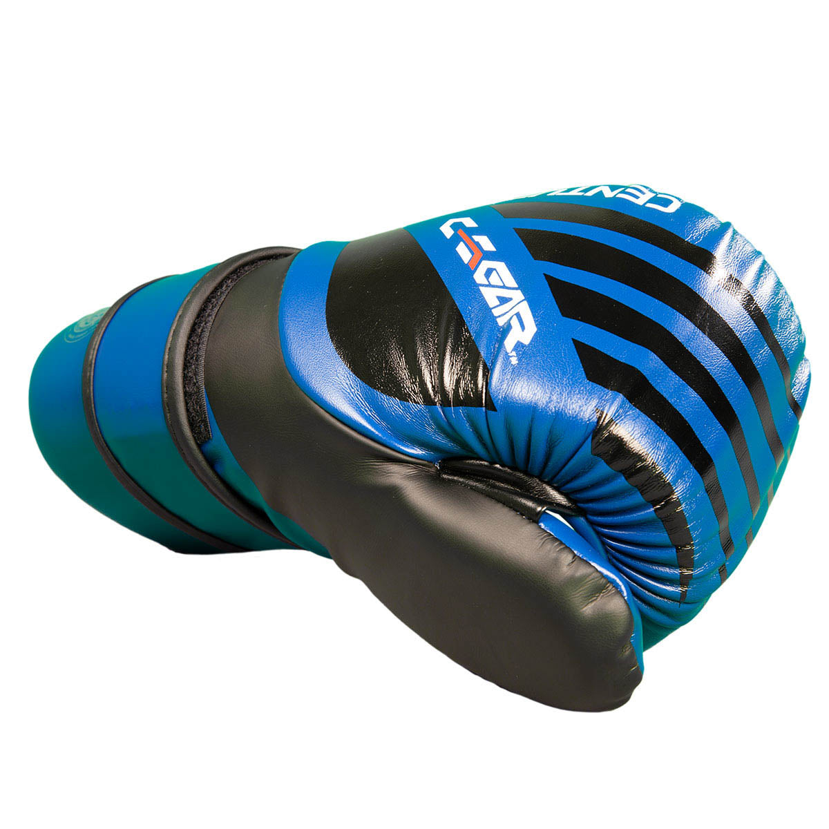 Knuckle-up angle of blue-and-black boxing glove with stripe graphic and “CENTURY” mark.