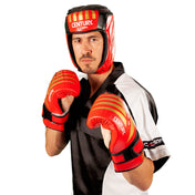 C-Gear boxing gloves on fighter, red and black gloves with striped knuckle padding