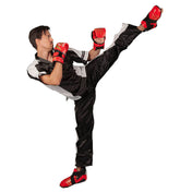Martial arts punching gloves set in red with black accents and Velcro wrist straps.