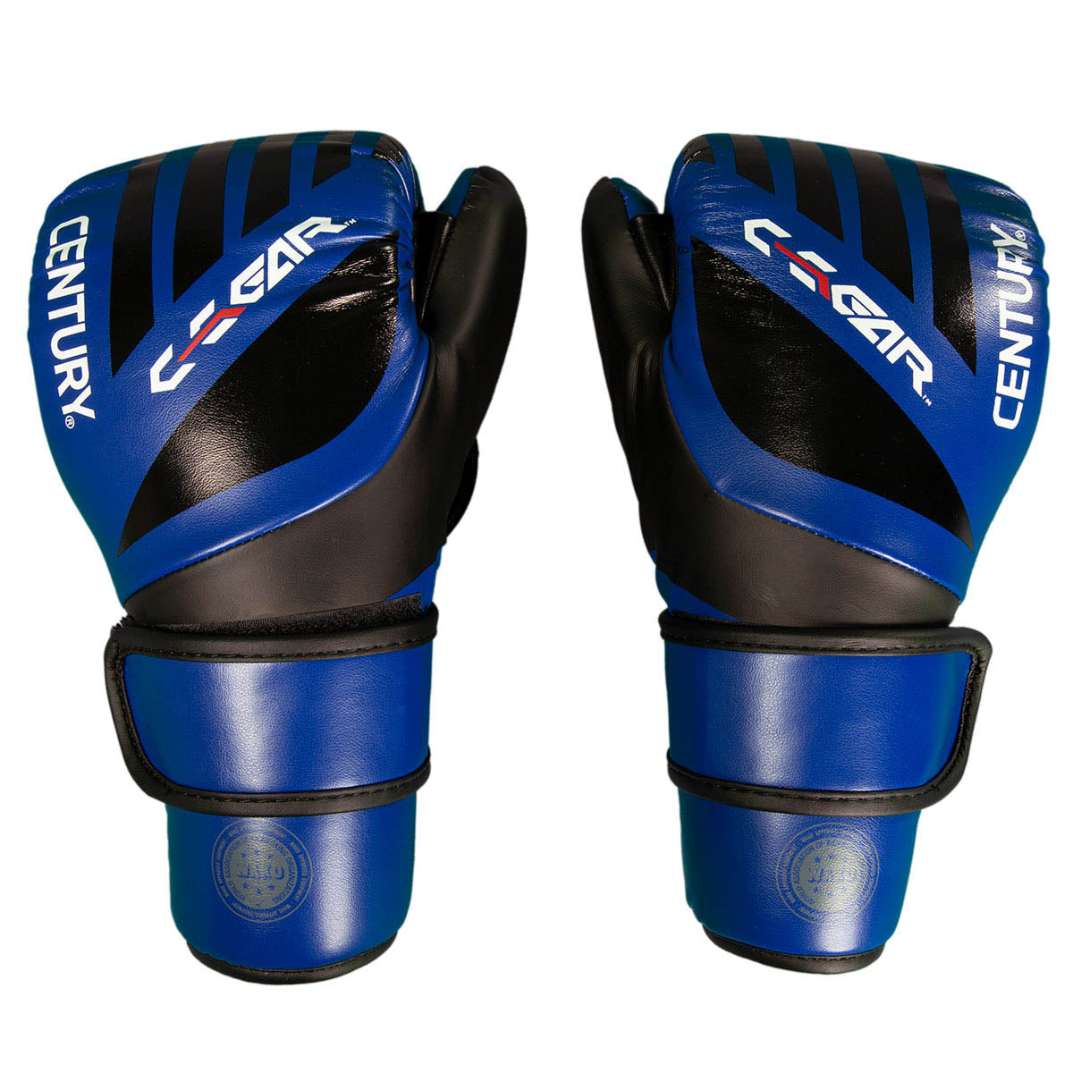C-Gear point-fighting gloves, black and blue with bold branding on the back
