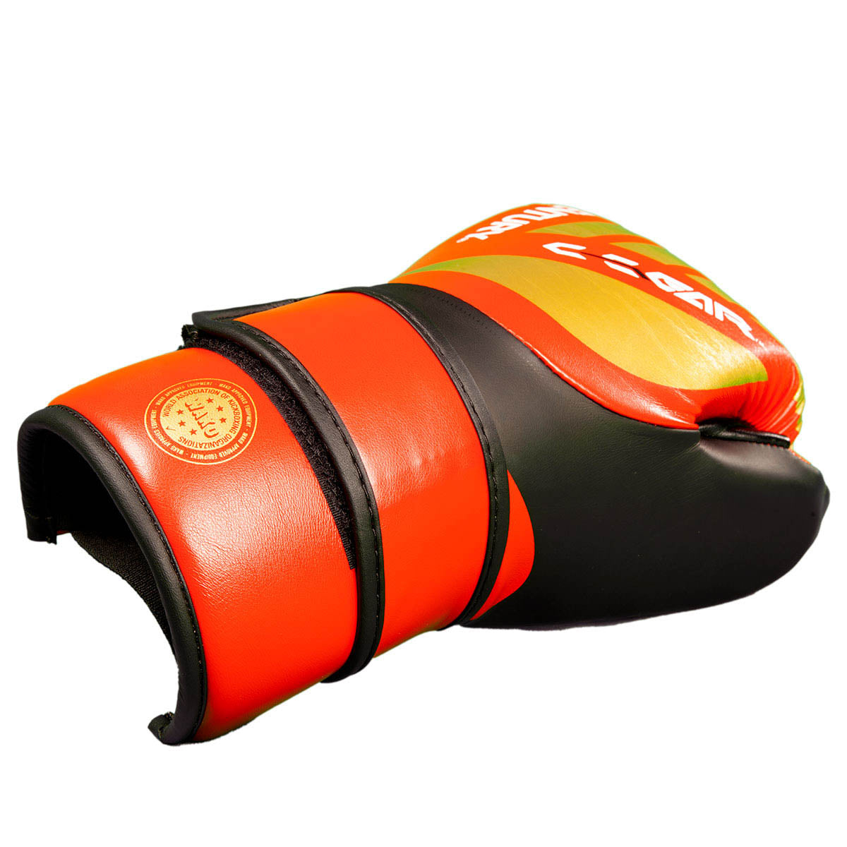 C-Gear boxing gloves, red/orange with yellow stripes and black wrist strap