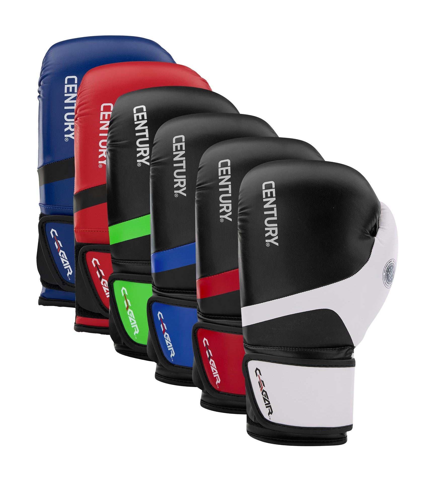 Assorted kickboxing punch gloves in black, blue, red, green, and white stack view