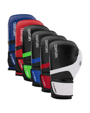 Assorted kickboxing punch gloves in black, blue, red, green, and white stack view
