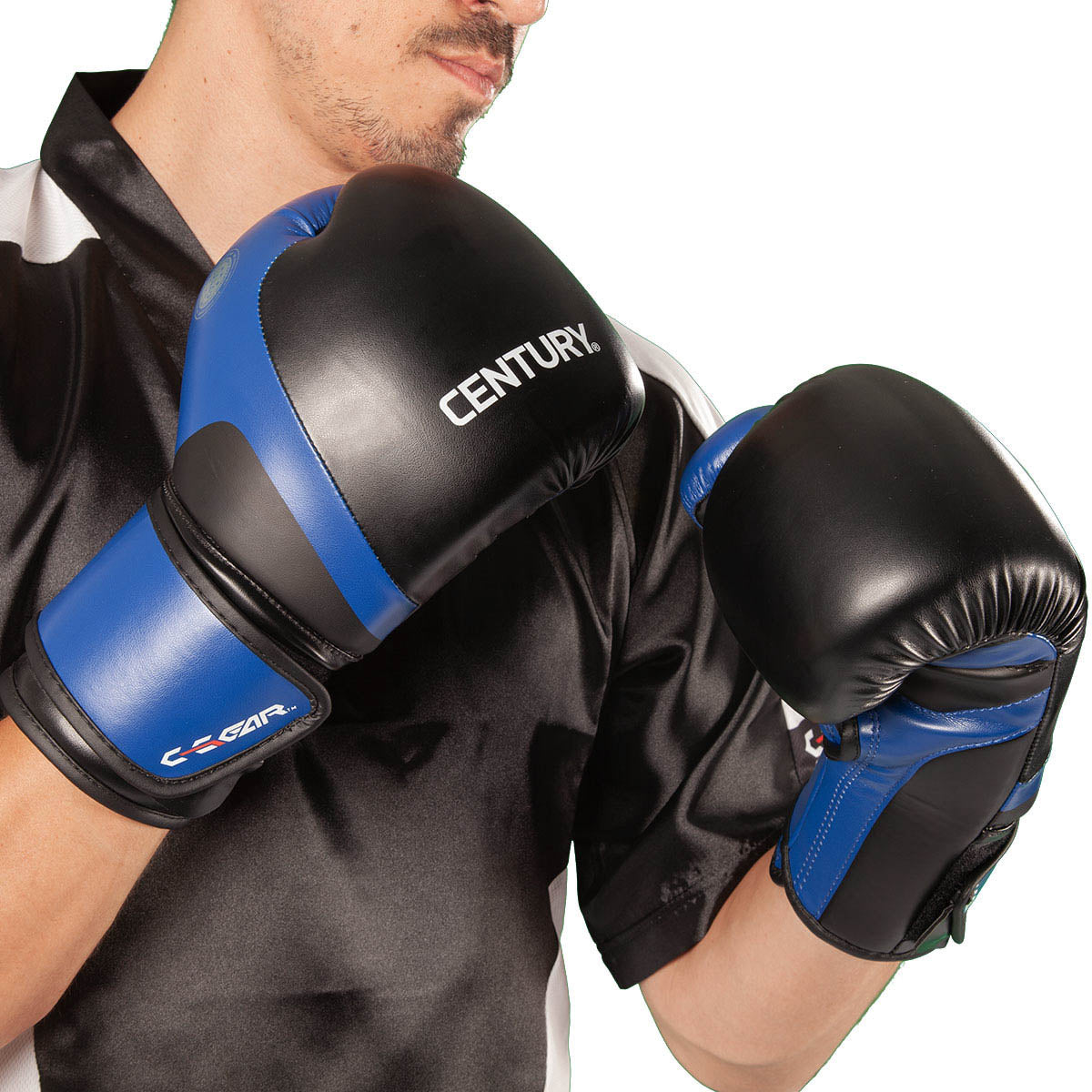 Kickboxing punch gloves with black palm, blue side panels, and reinforced padding