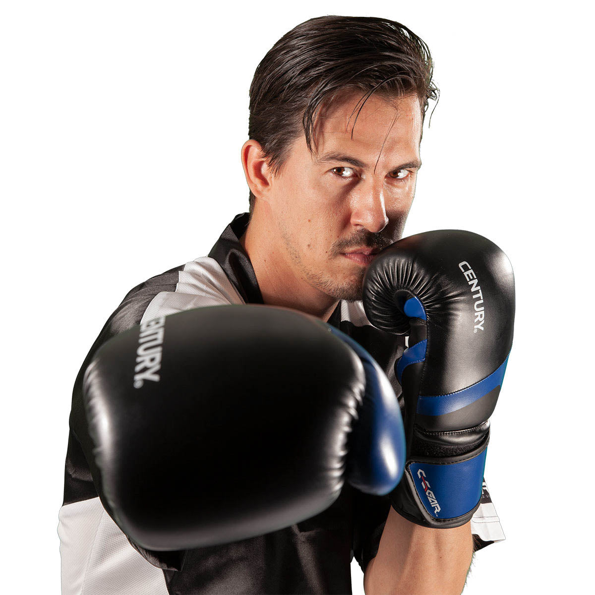 Kickboxing punch gloves, black with blue accents and wrist strap, curved knuckle padding