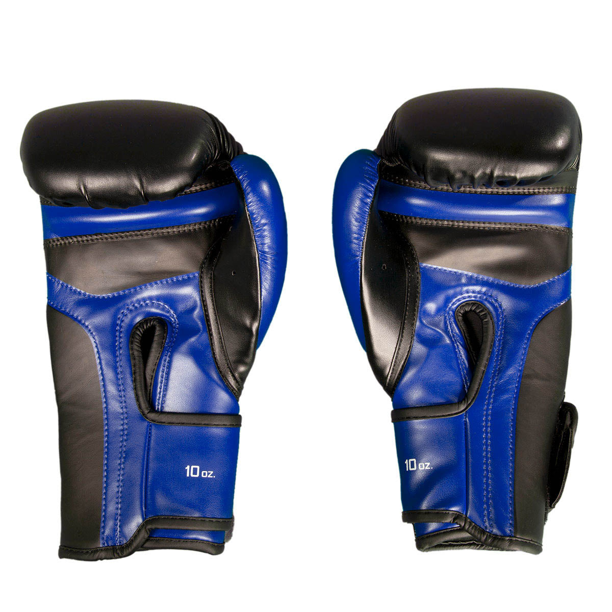 Blue and black kickboxing gloves, front view, with 10 oz label and padded knuckles.