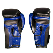 Blue and black kickboxing gloves, front view, with 10 oz label and padded knuckles.