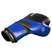 Blue and black kickboxing gloves with black top padding and thumb strap.