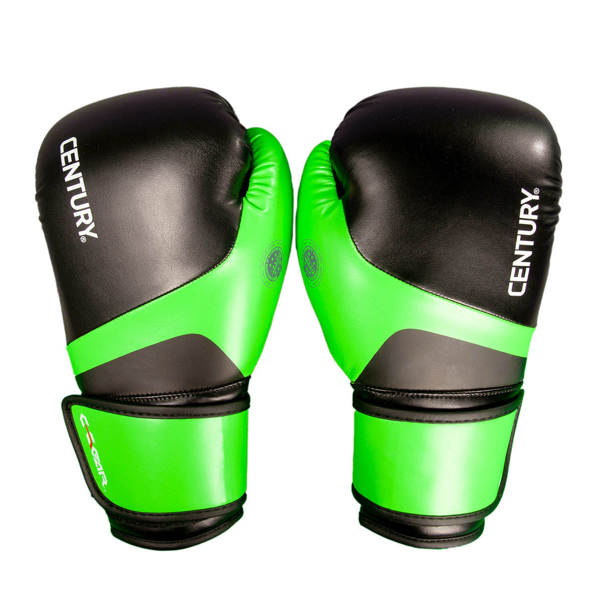 Neon green and black kickboxing gloves with CENTURY logo on the front wrist pads.
