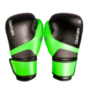 Neon green and black kickboxing gloves with CENTURY logo on the front wrist pads.