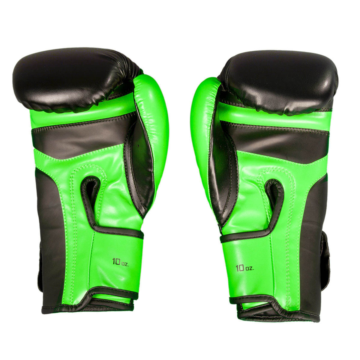 Neon green and black kickboxing gloves with 10 oz label and stitched wrist strap.