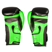 Neon green and black kickboxing gloves with 10 oz label and stitched wrist strap.